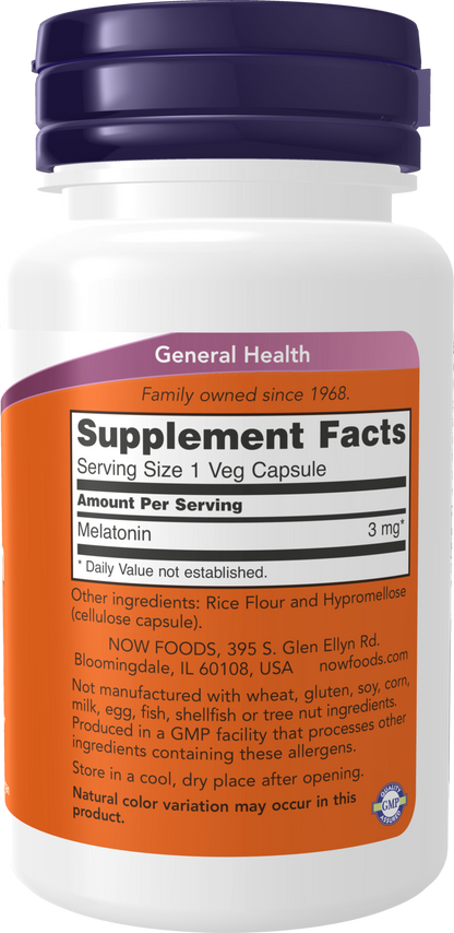 NOW Supplements, Melatonin 3 mg, Healthy Sleep Cycle*, 60 Veg Caps