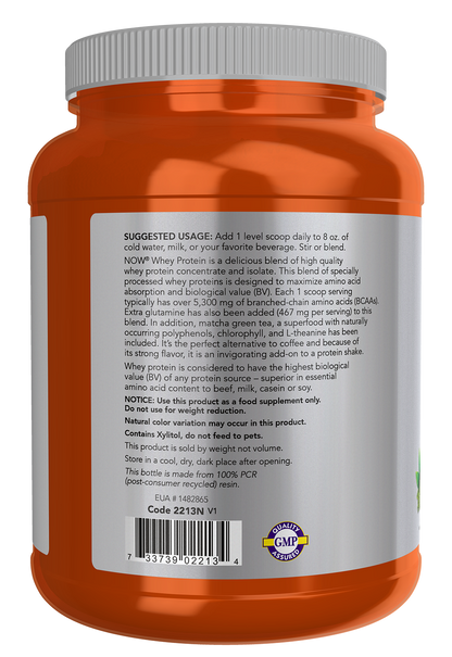 NOW Sports, Whey Protein 26 g With BCAAs, Matcha Powder, 2 lbs