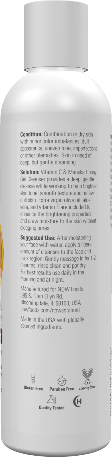 NOW Solutions, Vitamin C and Manuka Honey Gel Cleanser, 8 fl. oz