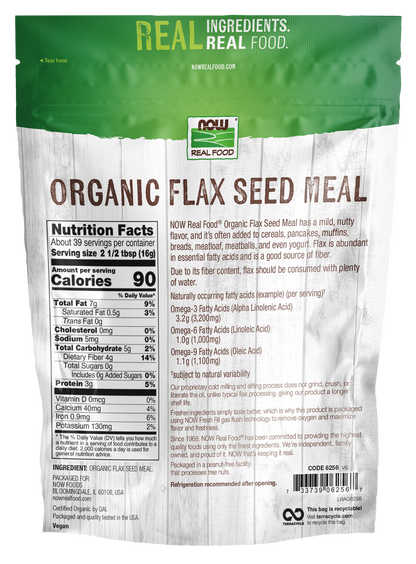 NOW Foods, Organic Flax Seed Meal, Source of Fiber, Cold-Processed, 22 oz