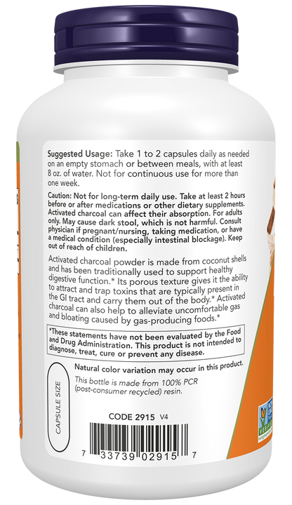 NOW Supplements, Activated Charcoal from Coconut Shells, 200 Veg Caps