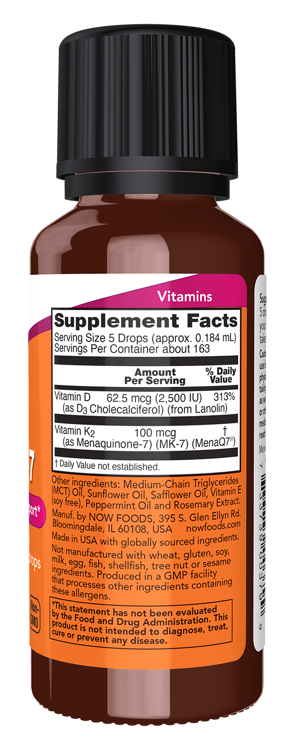 NOW Supplements, Liquid D-3 & MK-7, Mint Flavor, 1 oz