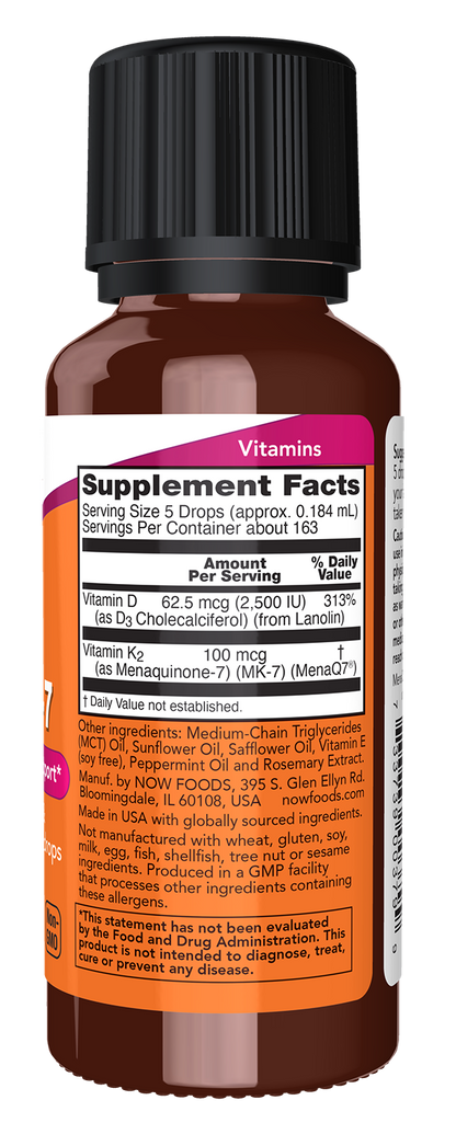 NOW Supplements, Liquid D-3 & MK-7, Mint Flavor, 1 oz