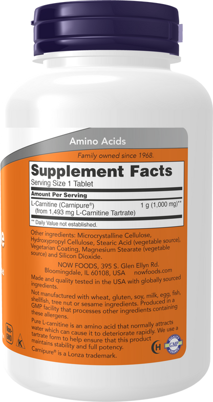 NOW Supplements, L-Carnitine 1,000 mg, Purest Form, Amino Acid, 100 Tabs