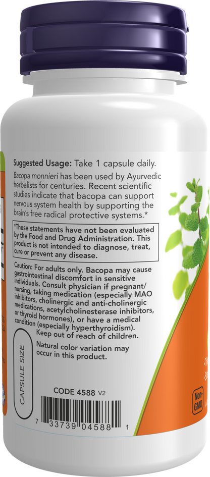 NOW Supplements, Bacopa Extract 450 mg, Brain Health*, 90 Veg Caps
