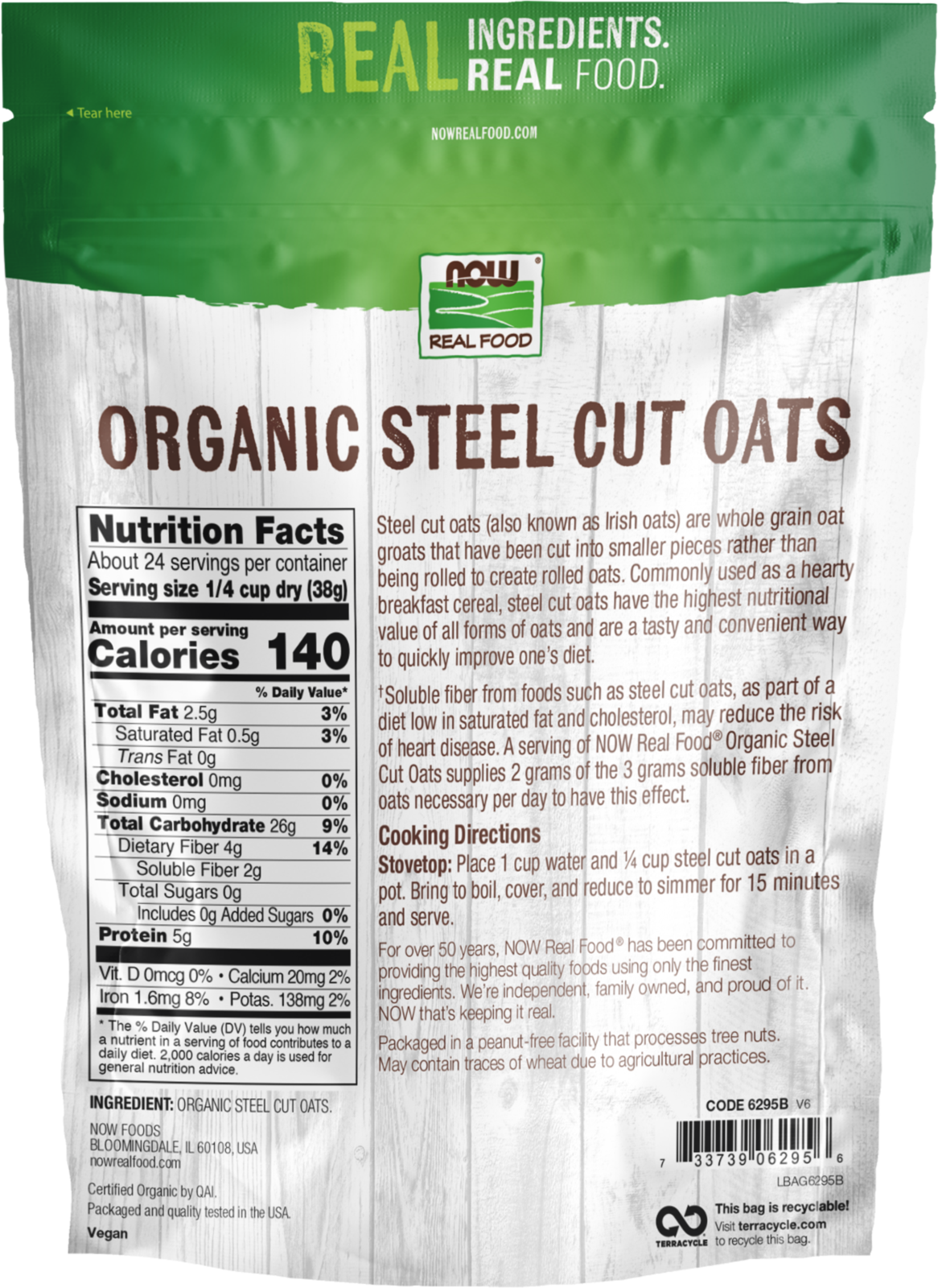 NOW Foods, Organic Steel Cut Oats, Whole Grain, Good Source of Fiber, 2 lbs