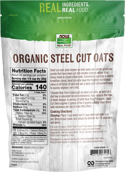 NOW Foods, Organic Steel Cut Oats, Whole Grain, Good Source of Fiber, 2 lbs