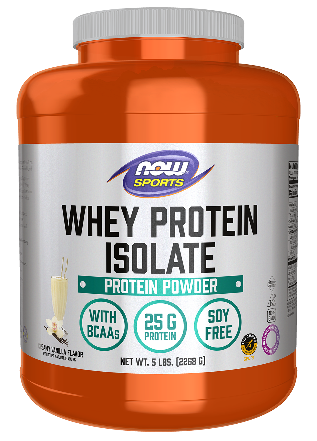 NOW Sports, Whey Protein Isolate 25 g With BCAAs, Vanilla Flavor, 5 lbs