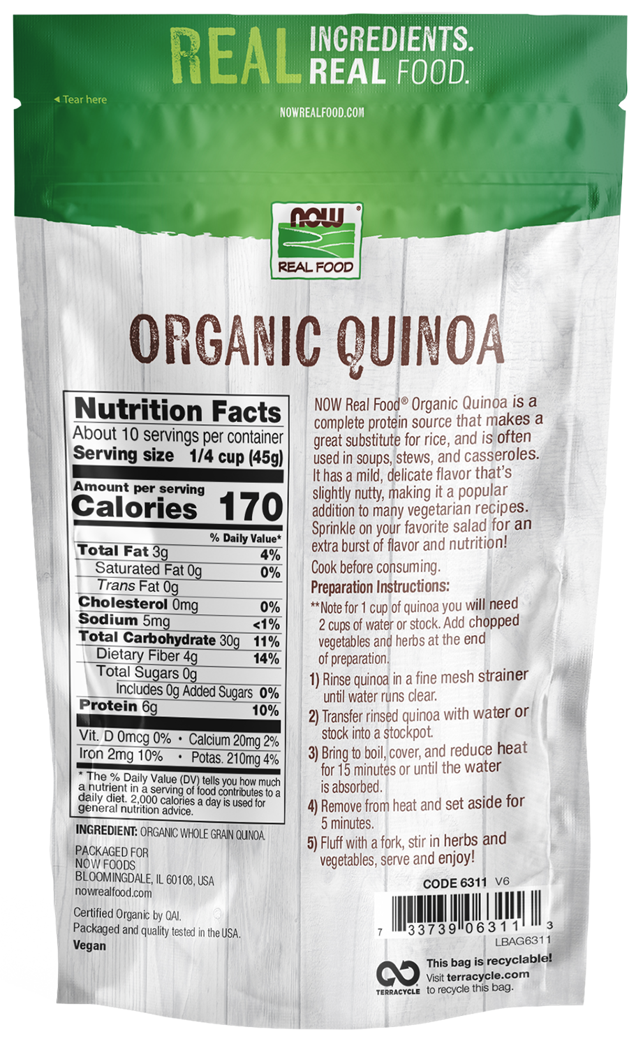 NOW Foods, Organic Quinoa Whole Grain, Gluten-Free, Ancient Grain, 16 oz