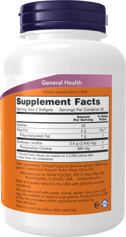 NOW Supplements, Sunflower Lecithin, Phosphatidyl Choline, 100 Softgels