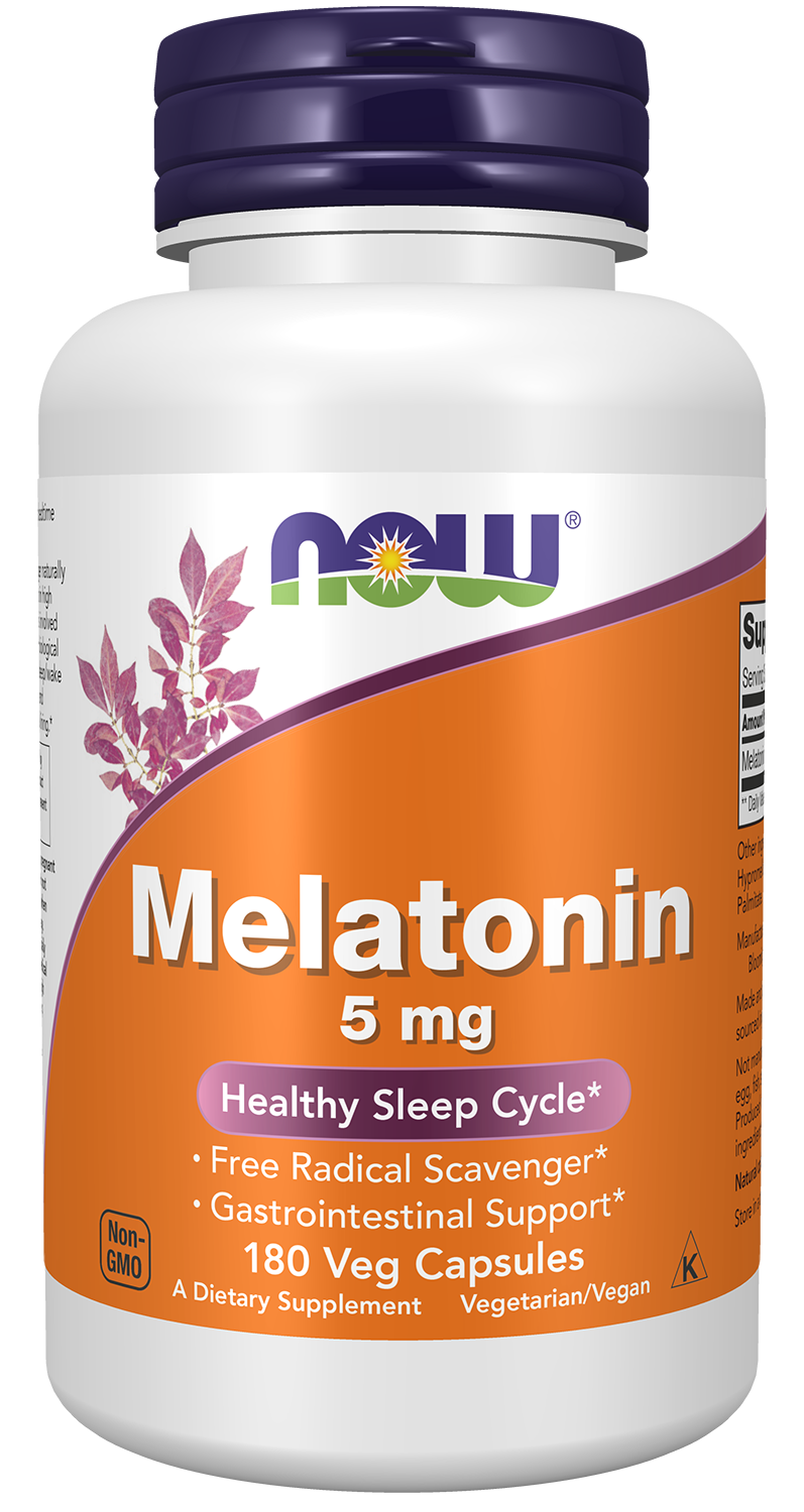 NOW Supplements, Melatonin 5 mg, Healthy Sleep Cycle*, 180 Veg Caps