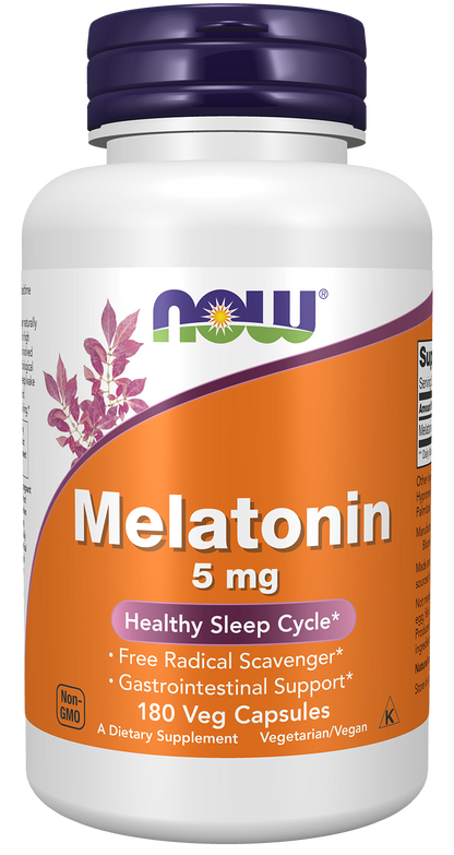 NOW Supplements, Melatonin 5 mg, Healthy Sleep Cycle*, 180 Veg Caps