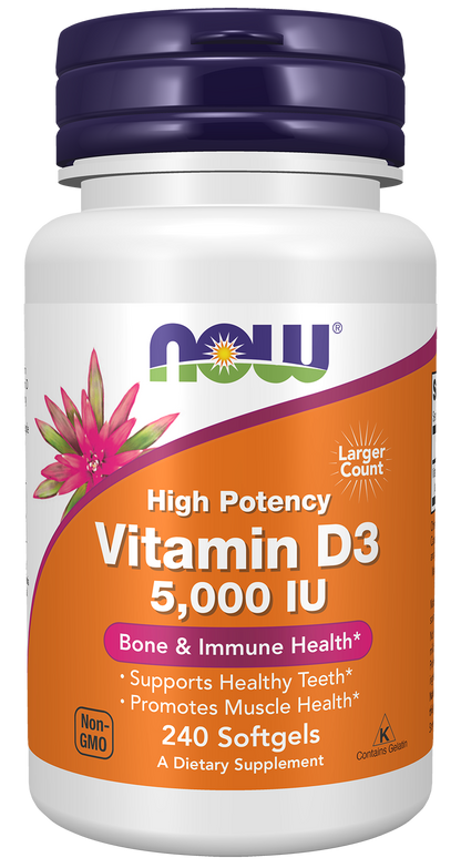 NOW Supplements, Vitamin D-3 5,000 IU, Structural Support*, 240 Softgels