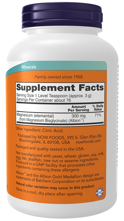 NOW Supplements, Magnesium Bisglycinate Powder, Enzyme Function*, 8 oz