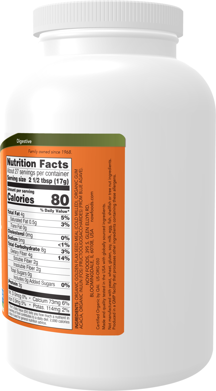 NOW Supplements, Organic Fiber-3, Psyllium Free, w/ Golden Flax Meal, 16 oz