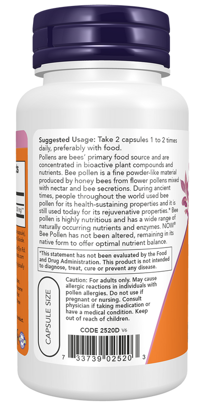 NOW Supplements, Bee Pollen 500 mg, Nature's Superfood, Nutrient Dense, 100 Capsules