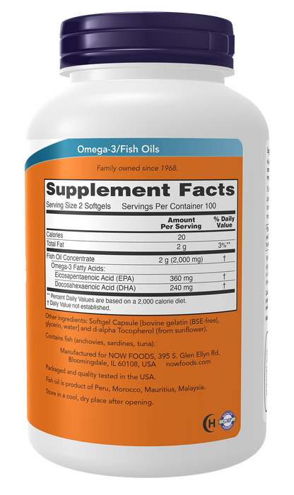 NOW Supplements, Omega-3 180 EPA / 120 DHA, Molecularly Distilled, Cardiovascular Support*, 200 Softgels