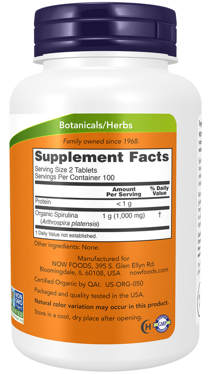NOW Supplements, Organic Spirulina 500 mg, 200 Tabs