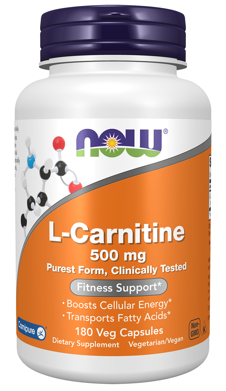 NOW Supplements, L-Carnitine 500mg, Purest Form, Amino Acid, 180 Veg Caps