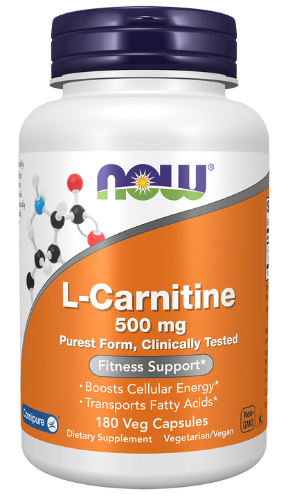 NOW Supplements, L-Carnitine 500mg, Purest Form, Amino Acid, 180 Veg Caps