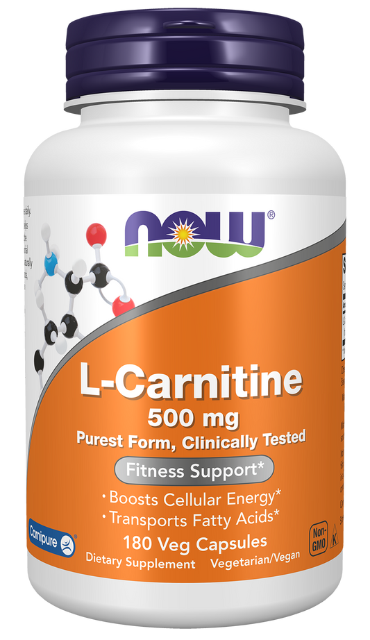 NOW Supplements, L-Carnitine 500mg, Purest Form, Amino Acid, 180 Veg Caps