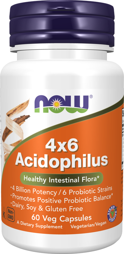 NOW Supplements, Acidophilus 4X6, 4 Billion Potency with 6 Probiotic Strains, Strain Verified, 60 Veg Capsules