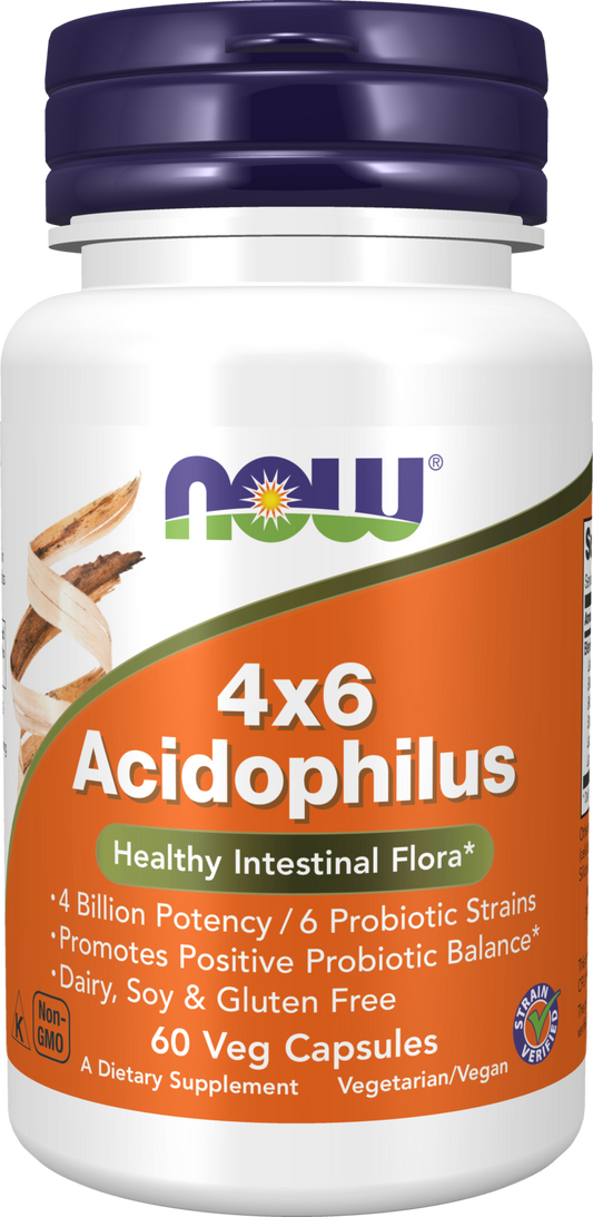 NOW Supplements, Acidophilus 4X6, 4 Billion Potency with 6 Probiotic Strains, Strain Verified, 60 Veg Capsules
