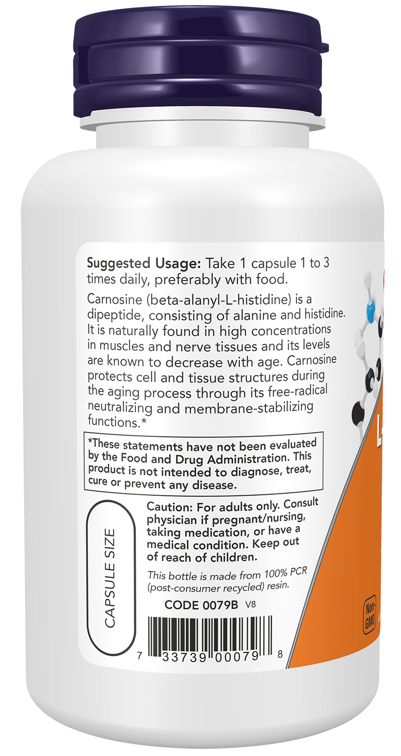 NOW Supplements, L-Carnosine 500 mg, Healthy Aging*, 100 Veg Caps