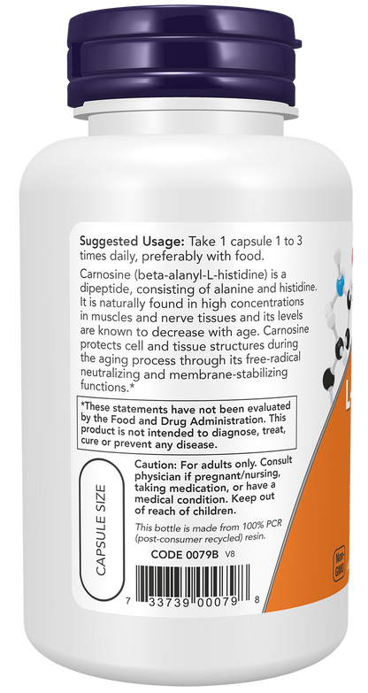 NOW Supplements, L-Carnosine 500 mg, Healthy Aging*, 100 Veg Caps