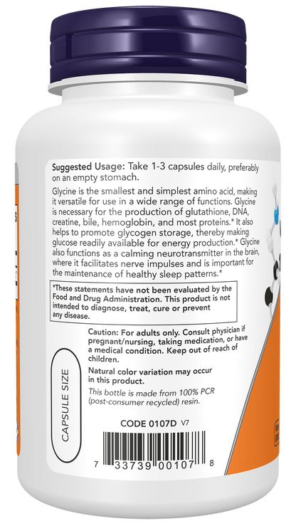NOW Supplements, Glycine 1,000 mg, Free-Form, 100 Veg Caps