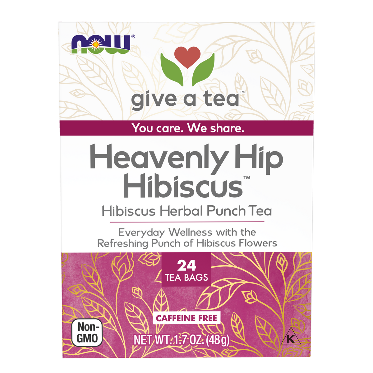 NOW Give a Tea®,  Heavenly Hip Hibiscus™, Hibiscus Herbal Punch Tea, Everyday Wellness with the Refreshing Punch of Hibiscus Flowers, Caffeine Free, 24 Tea Bags