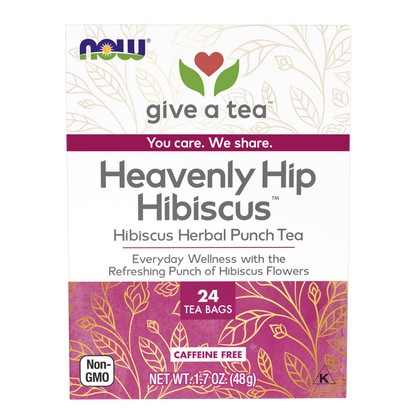 NOW Give a Tea®,  Heavenly Hip Hibiscus™, Hibiscus Herbal Punch Tea, Everyday Wellness with the Refreshing Punch of Hibiscus Flowers, Caffeine Free, 24 Tea Bags