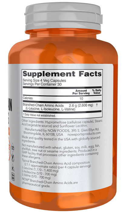 NOW Sports, Branched Chain Amino Acids, Recovery*, 120 Veg Caps