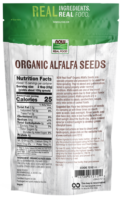 NOW Foods, Organic Alfalfa Seeds For Sprouting, 12 oz