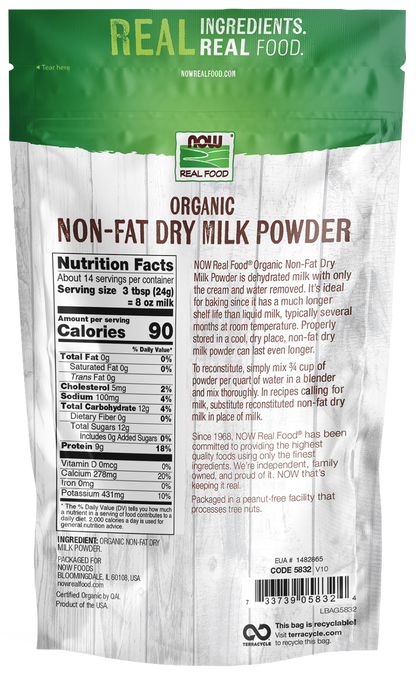 NOW Foods, Organic Non-Fat Dry Milk Powder, Good Source of Calcium, 12 oz