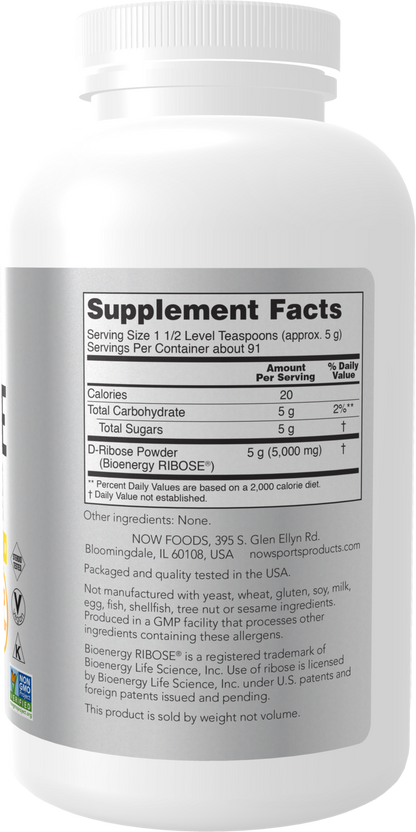 NOW Sports, D-Ribose Powder 5,000 mg, Energy Production*, 1 lb