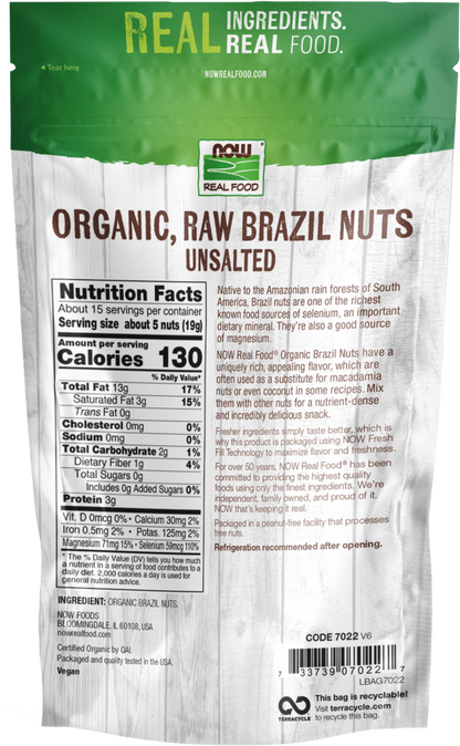 NOW Foods, Certified Organic Brazil Nuts, Whole, Raw, Unsalted, 10 oz