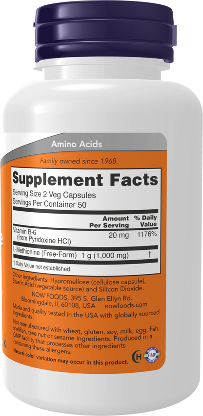 NOW Supplements, L-Methionine 500 mg with Vitamin B-6, 100 Veg Caps