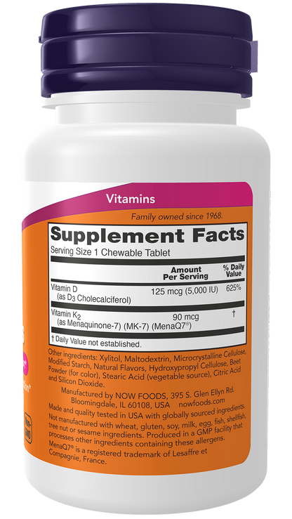 NOW Supplements, D-3 & K-2 Chewables, 90 Chewables Tablets