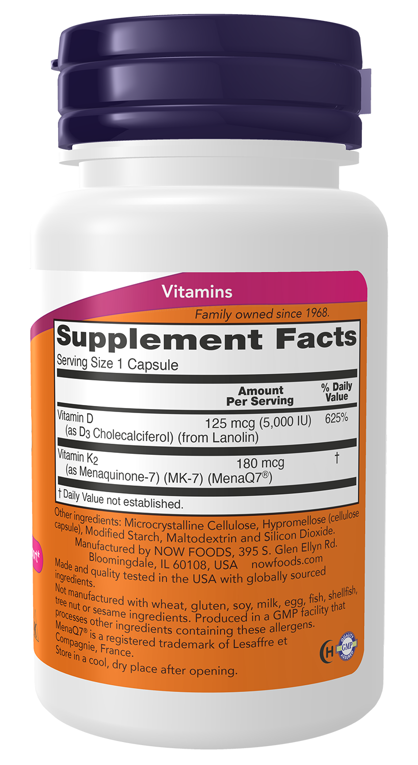 NOW Supplements, Mega D-3 & MK-7 with Vitamins D-3 & K-2, 60 Veg Caps
