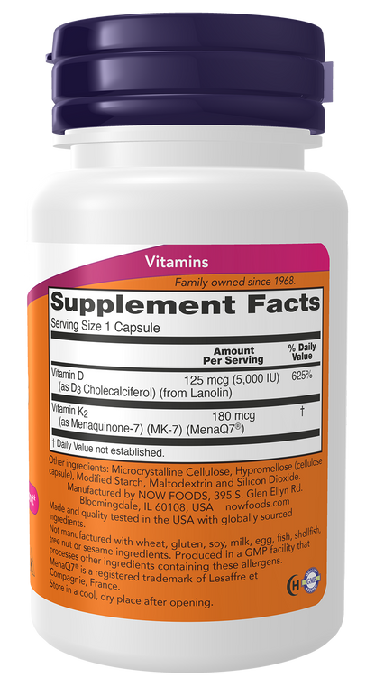 NOW Supplements, Mega D-3 & MK-7 with Vitamins D-3 & K-2, 60 Veg Caps