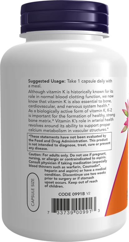 NOW Supplements, Vitamin K-2 100 mcg, Menaquinone-4 (MK-4), 250 Veg Caps