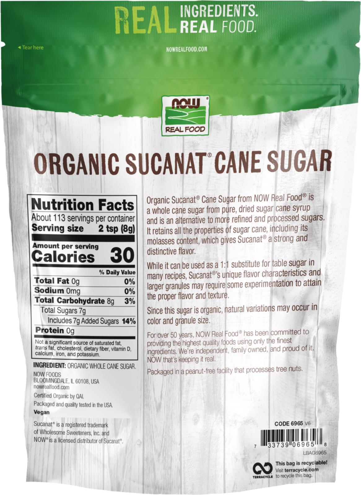 NOW Foods, Certified Organic Sucanat® Cane Sugar, 2 lbs