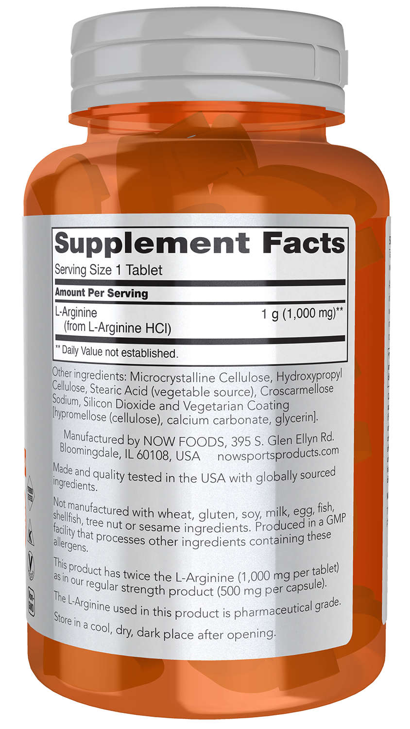 NOW Sports, L-Arginine 1,000mg, Double Strength, N.O. Precursor*,  60 Tabs