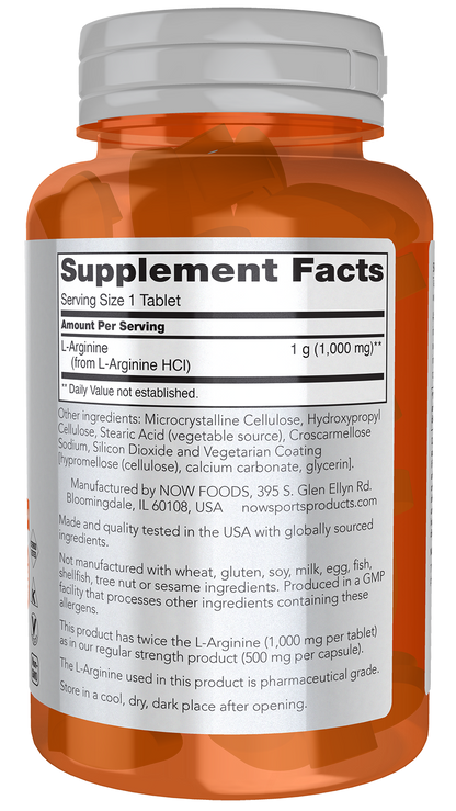 NOW Sports, L-Arginine 1,000mg, Double Strength, N.O. Precursor*,  60 Tabs