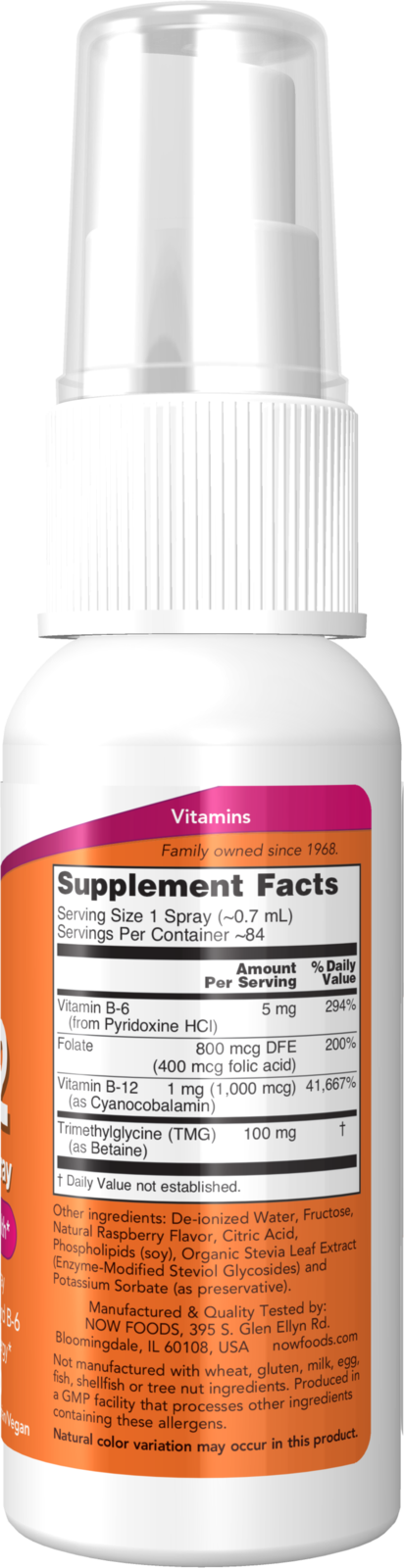 NOW Supplements, Vitamin B-12 Liposomal Spray with Folic Acid, TMG, 2 oz