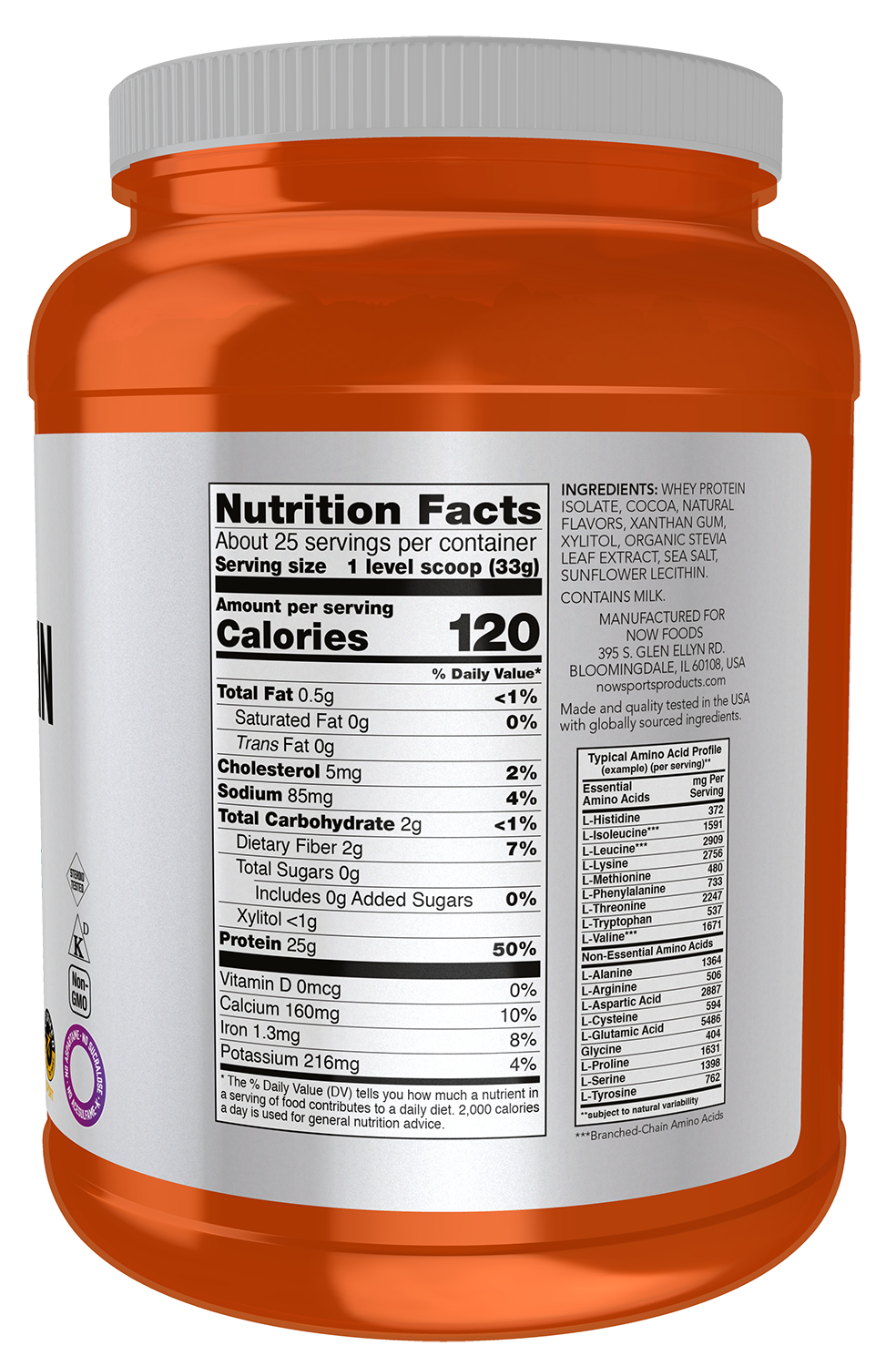 NOW Sports, Whey Protein Isolate 25 g,  Chocolate Flavor, 1.8 lbs