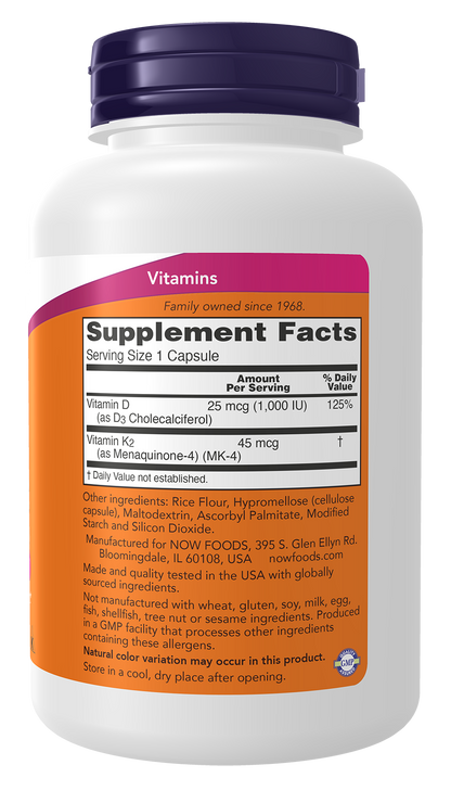 NOW Supplements, Vitamin D3 & K2, 1,000 IU/45 mcg, Plus Cardiovascular Support*, Supports Bone Health*, 240 Veg Capsules