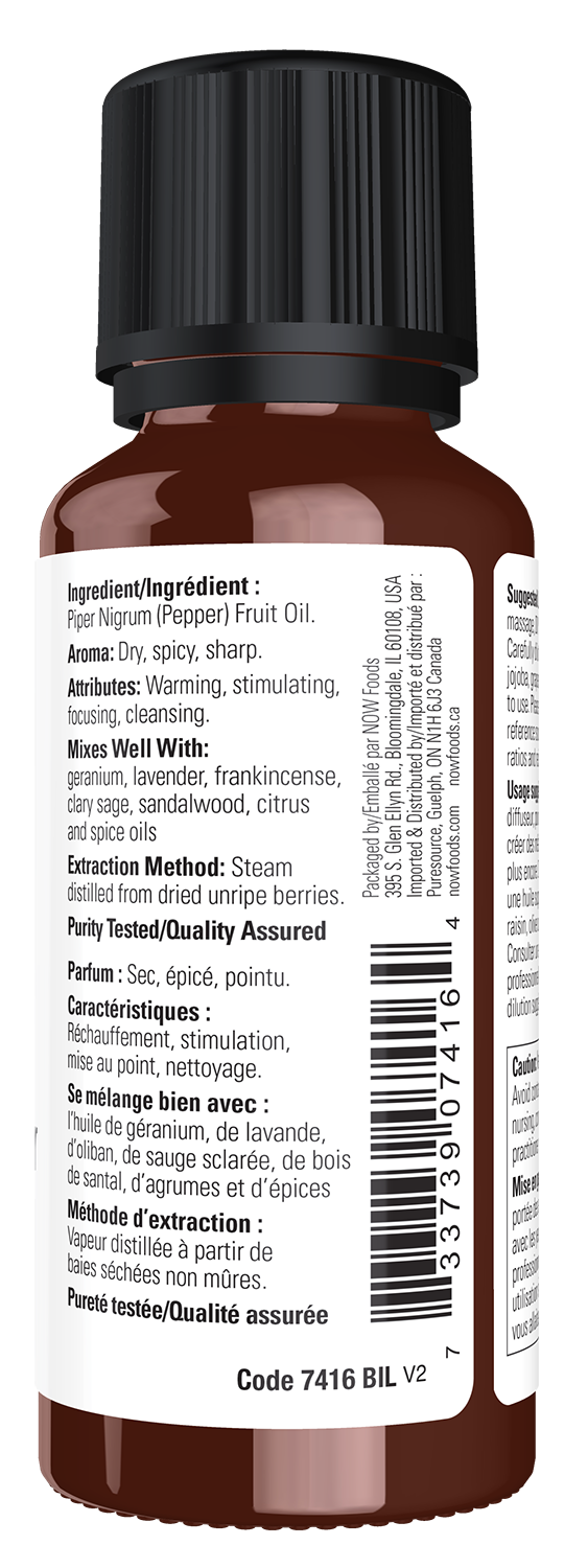 NOW Essential Oils, Black Pepper Oil, Undiluted, Steam Distilled, 1 fl. oz