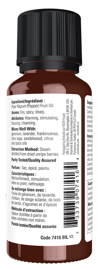 NOW Essential Oils, Black Pepper Oil, Undiluted, Steam Distilled, 1 fl. oz
